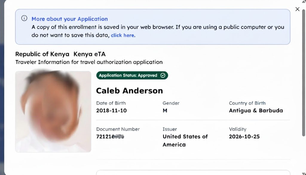 Kenya eTA application status page showing Pending status without a reference number.