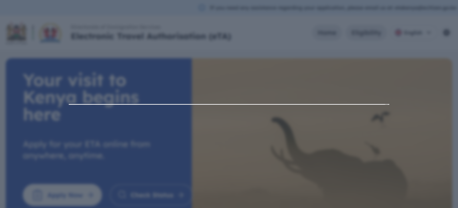 Kenya eTA website homepage showing a blurred screen when cookies are not found.