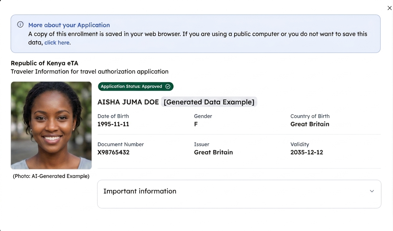 Kenya eTA application showing Approved status