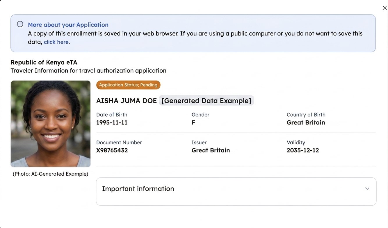 Kenya eTA application showing Pending status